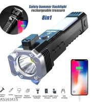 Rechargeable Torch Flashlight - Long Distance Beam Range Car Rescue Torch with Hammer Window Glass and Seat Belt Cutter - Built-in Mobile USB Fast Charger Power Bank