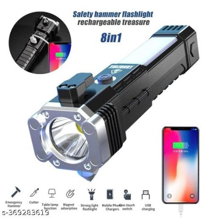 Rechargeable Torch Flashlight - Long Distance Beam Range Car Rescue Torch with Hammer Window Glass and Seat Belt Cutter - Built-in Mobile USB Fast Charger Power Bank